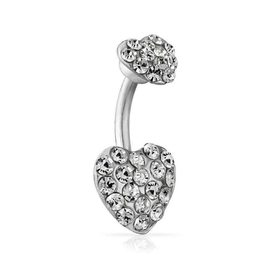 Shop Women Bling Jewelry Belly Rings | Crystal Heart Bar Belly Navel Ring Body Surgical Stainless Steel