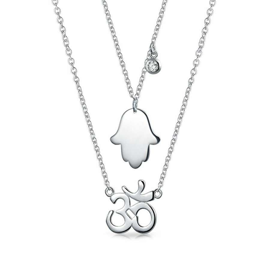 Shop Women Bling Jewelry Pendant Necklaces | Hamsa Hand Aum Om Yoga Symbol 2 Layering Pendant Necklace Sterling Silver