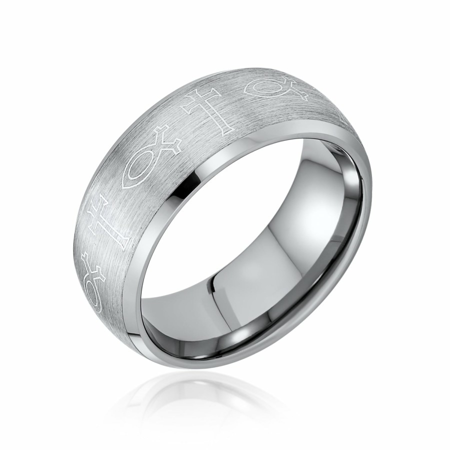 Shop Women Bling Jewelry Wedding Bands | Ichthys Jesus Fish Cross Wedding Band Titanium Ring For Men Matte 8Mm Silver