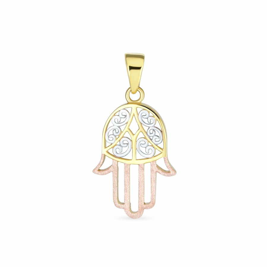 Shop Women Bling Jewelry Pendant Necklaces | Genuine Tri Color 14K Gold Fatima Hand Of God Hamsa Pendant