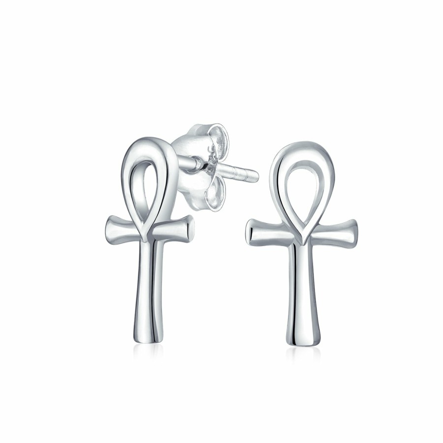 Shop Women Bling Jewelry Stud Earrings | Egyptian Ankh Cross Religious Drop Stud Earrings .925