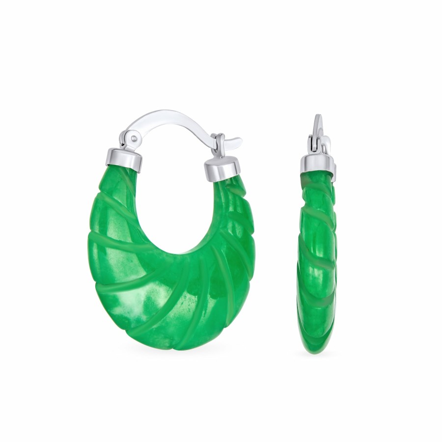 Shop Women Bling Jewelry Hoops Huggies Earrings | Jade Gemstone Carved Shrimp Oval Green Jade Hoop Earrings .925 Silver