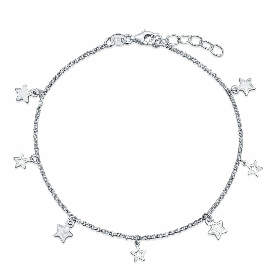 Shop Women Bling Jewelry Charm Bracelets | Patriotic Multi Star Dangle Rolo Chain Anklet Charm Sterling