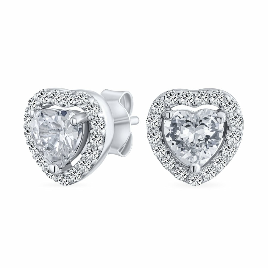 Shop Women Bling Jewelry Stud Earrings | Cubic Zirconia Heart Stud Earrings Halo Set Cz .925 Sterling Silver