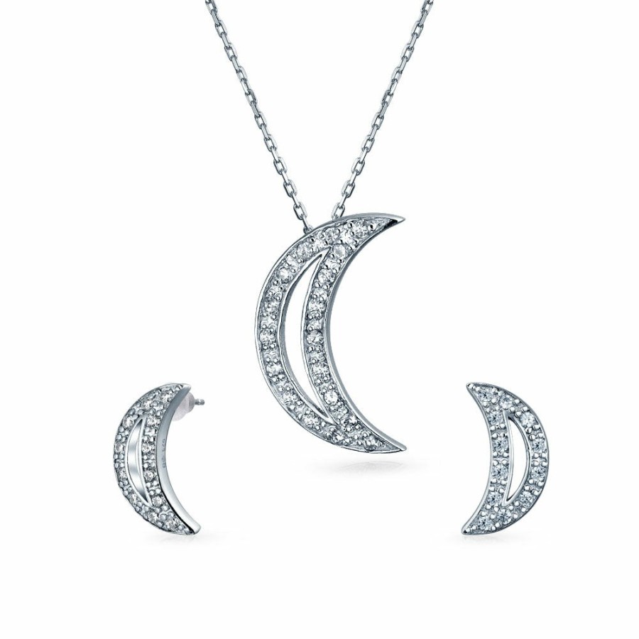 Shop Women Bling Jewelry Jewelry Sets | Celestial Crescent Moon Pendant Cz Necklace Earring Sterling Silver