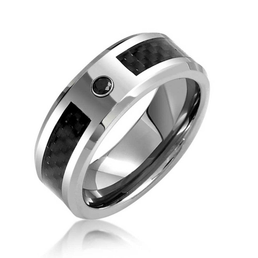 Shop Men Bling Jewelry Mens Engravable Rings | .10Ct Black Cz Accent Carbon Fiber Wedding Band Titanium Ring Mens 8Mm