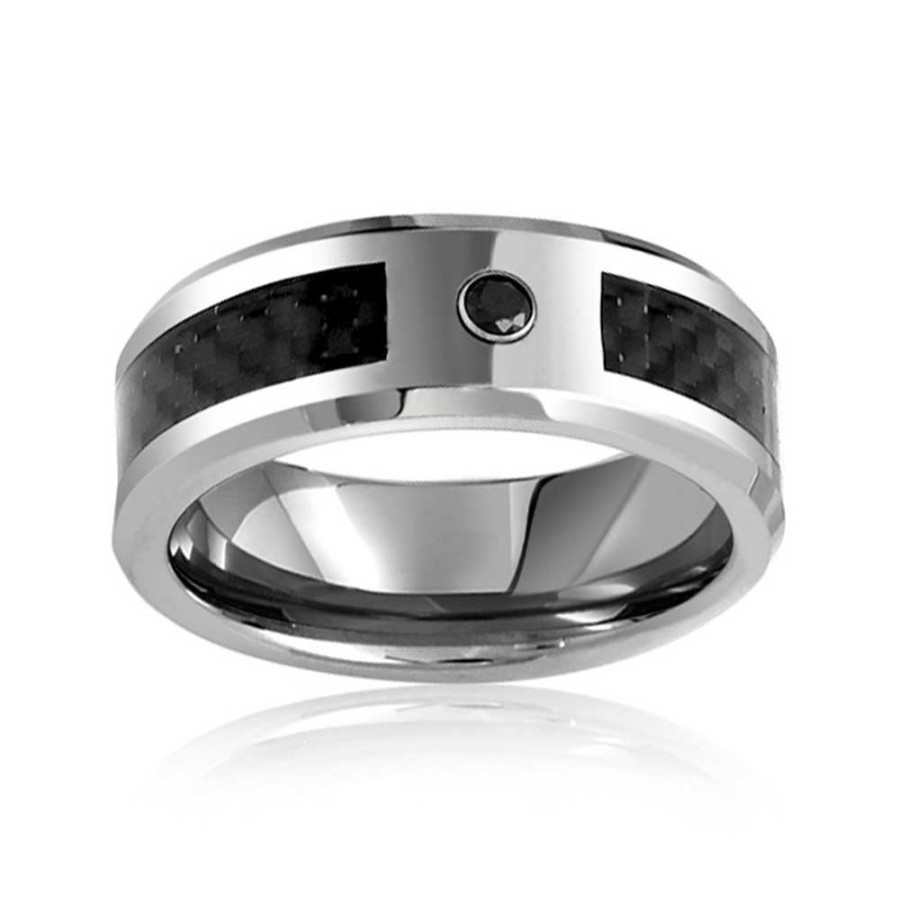 Shop Men Bling Jewelry Mens Engravable Rings | .10Ct Black Cz Accent Carbon Fiber Wedding Band Titanium Ring Mens 8Mm