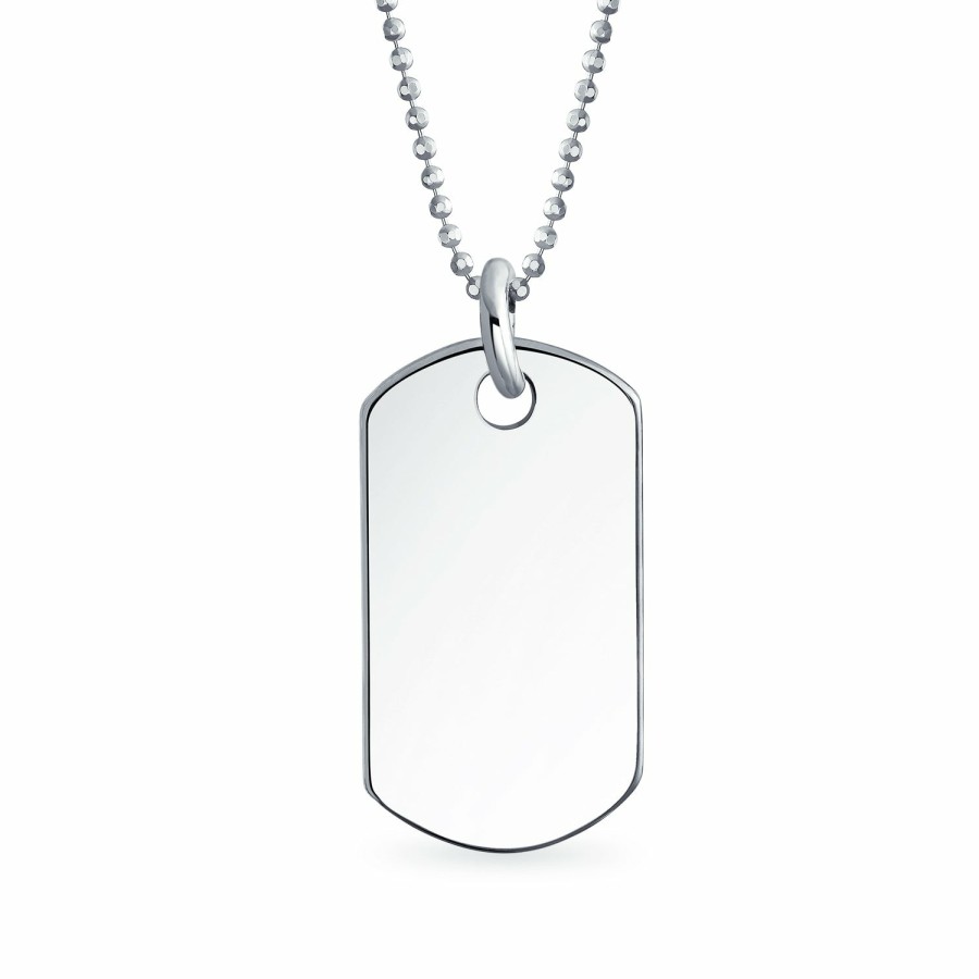 Shop Men Bling Jewelry Mens Engravable Necklaces | Army Dog Tag Pendant Necklace .925 Sterling Silver Shot Bead Ball Chain