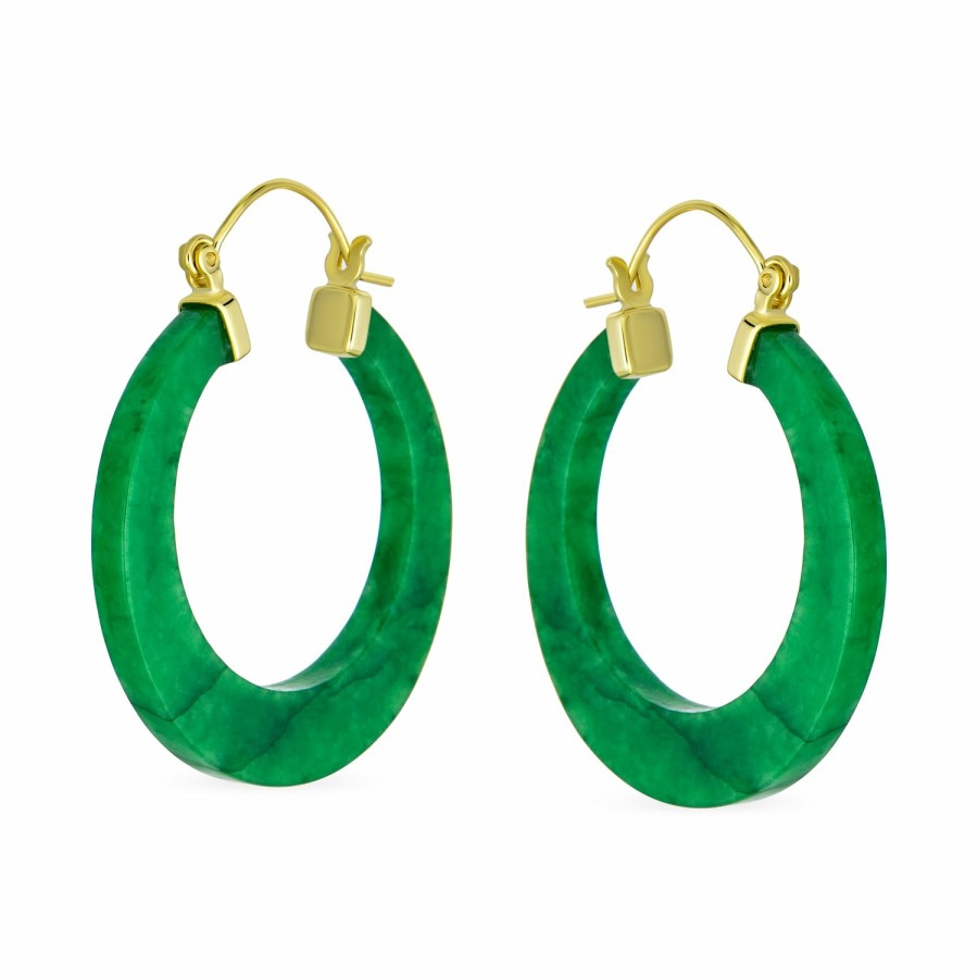 Shop Women Bling Jewelry Hoops Huggies Earrings | Gemstone Jade Simple Hoop Earrings Gold Plated Silver 1.2" Dia