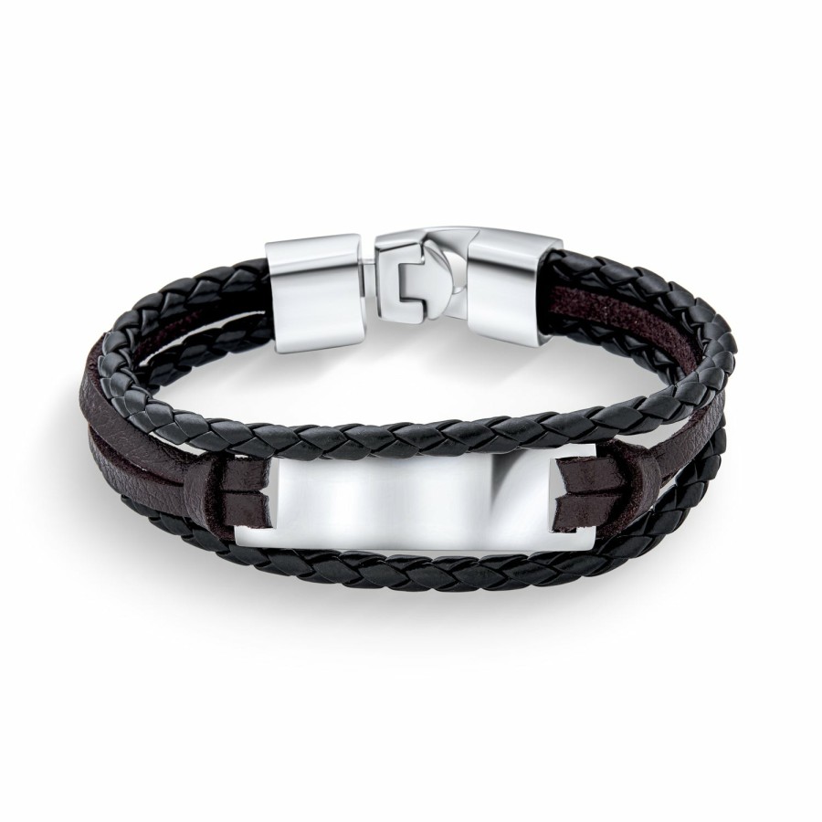 Shop Men Bling Jewelry Mens Bracelets & Id Bracelets | Mens Black Brown Leather Multi Strand Identification Name Id Bracelet