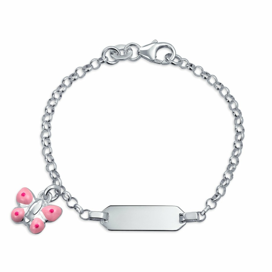 Shop Women Bling Jewelry | Id Tag Bracelet Butterfly Charm Dangle Sterling Pink For Wrists Silver