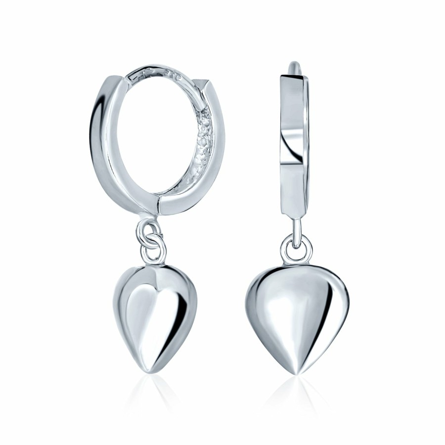 Shop Women Bling Jewelry Dangle Drop Earrings | Romantic Sterling Silver Puff Heart Shaped Charm Huggie Hoop Earrings