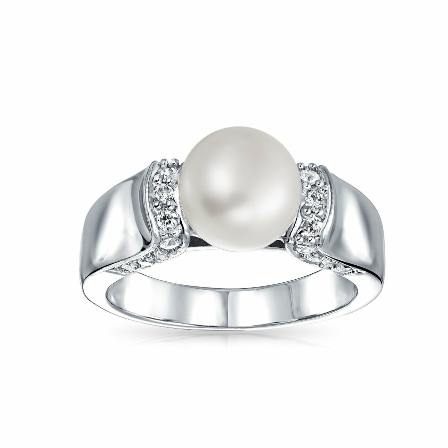 Shop Women Bling Jewelry Engagement Rings | Cz White Freshwater Cultured Pearl Engagement Ring Plated Silver