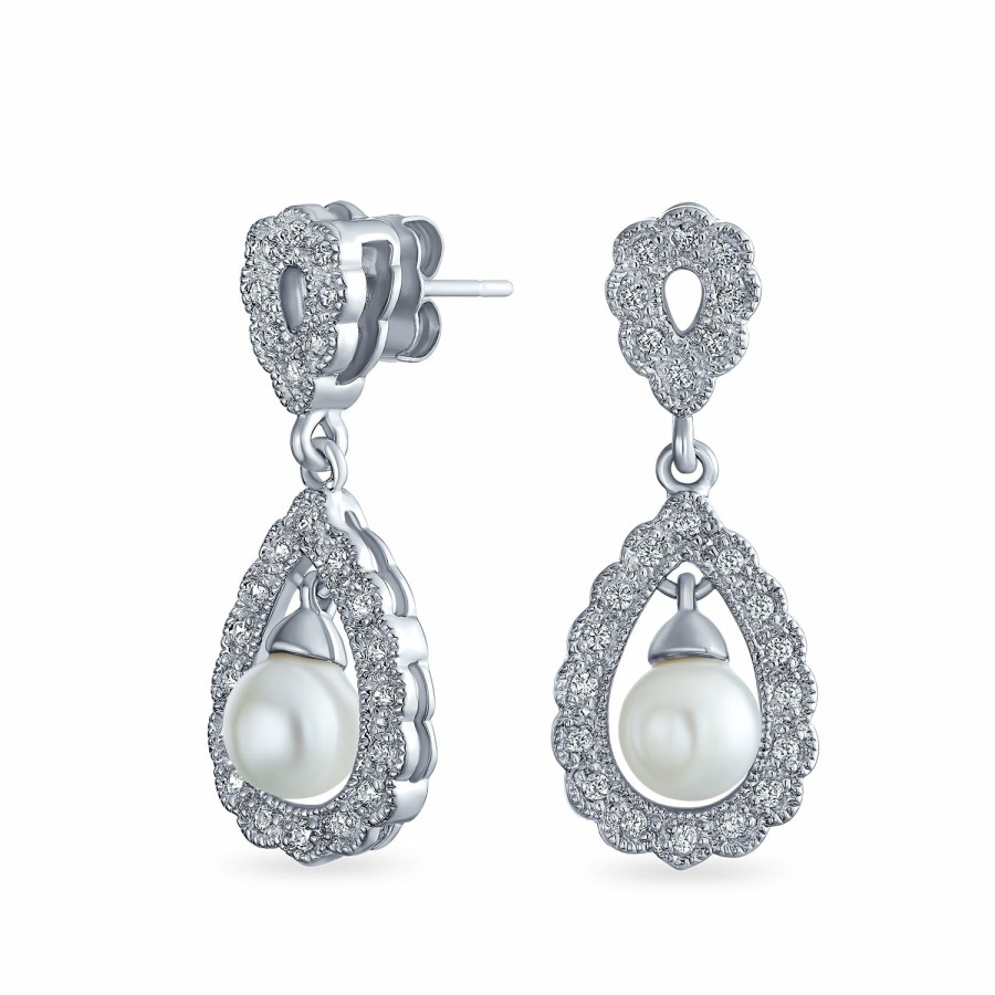 Shop Women Bling Jewelry Dangle Drop Earrings | Crystal Drop Lever Back Imitation Pearl Dangle Earring Sterling Silver