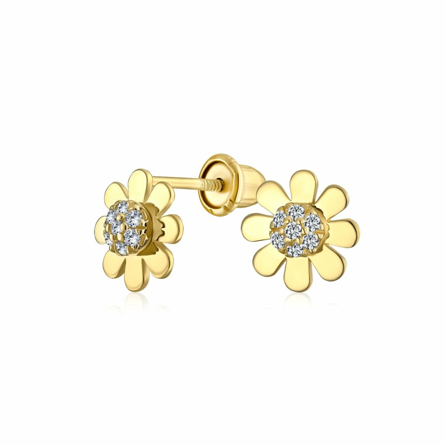 Shop Women Bling Jewelry | Tiny Cz Daisy Sun Flower Stud Earrings Real 14K Yellow Gold Screwback