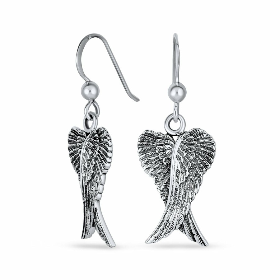 Shop Women Bling Jewelry Dangle Drop Earrings | Spiritual Heart Guardian Angel Wings Feather Dangle Earrings 925 Sterling