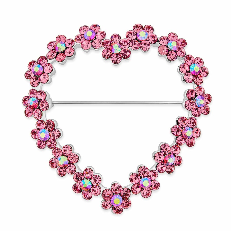 Shop Women Bling Jewelry Pins & Brooches | Romantic Large Floral Crystal Open Double Heart Scarf Brooch Pin