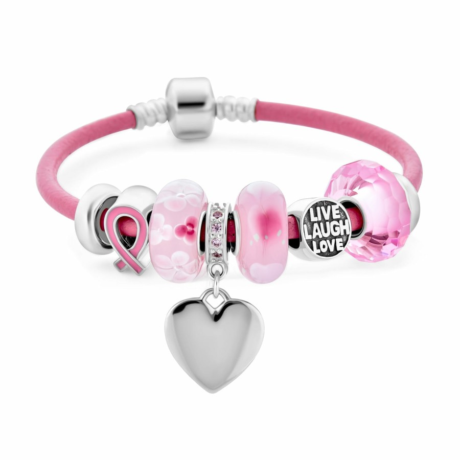 Shop Women Bling Jewelry Charm Bracelets | Breast Cancer Ribbon Bead Charm Leather Bracelet .925 Silver