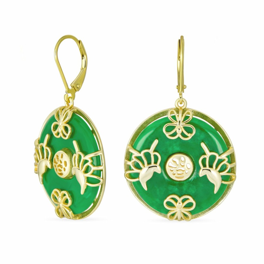 Shop Women Bling Jewelry Dangle Drop Earrings | Good Fortune Circle Butterfly Jade Drop Earrings Gold Plated