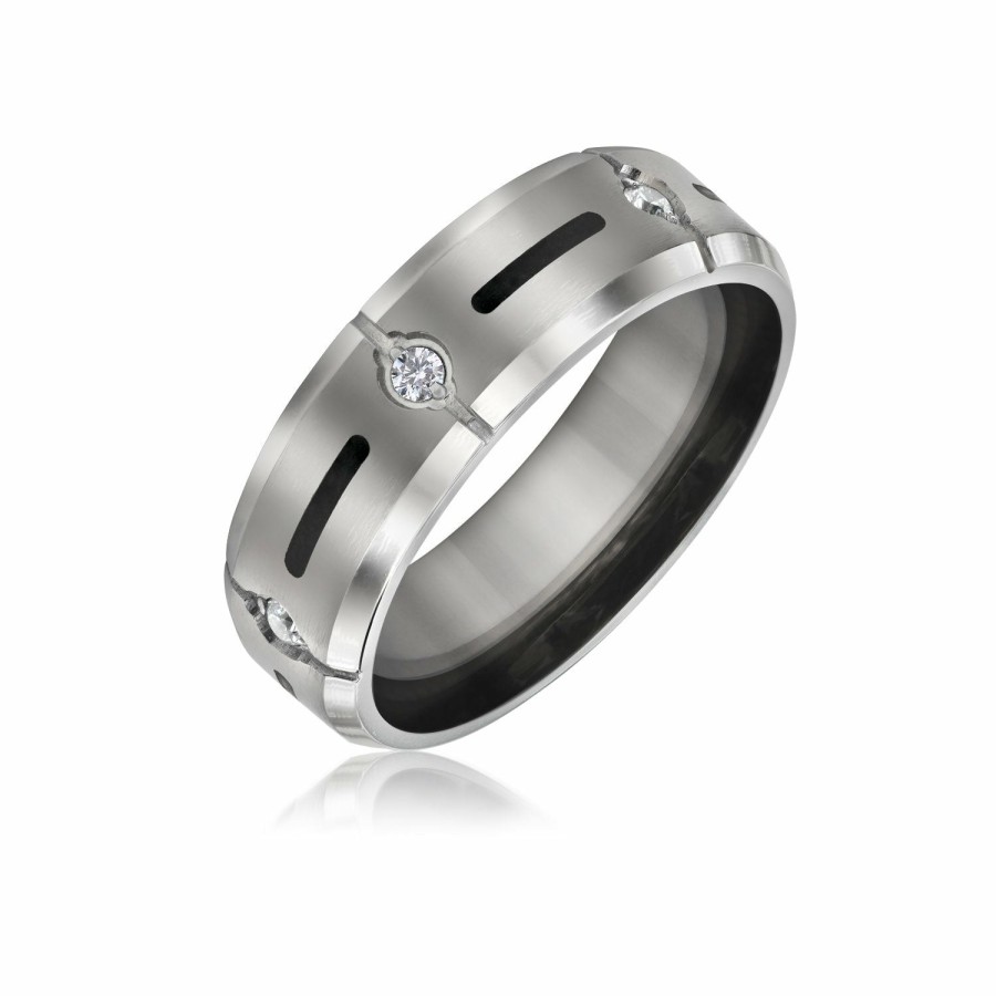 Shop Men Bling Jewelry Mens Rings | Black Inlay Aaa Cz Accent Mens Titanium Wide Wedding Band Ring 8Mm Silver