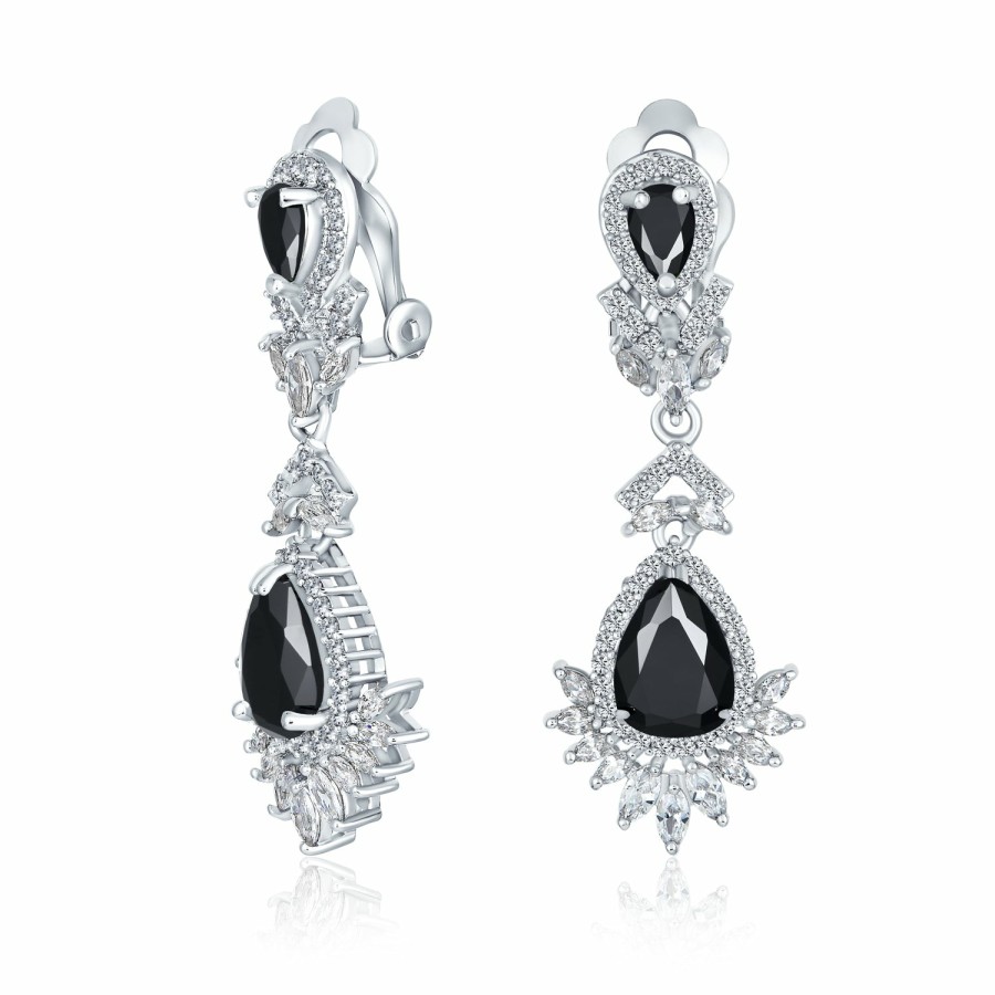 Shop Women Bling Jewelry Clip On Earrings | Art Deco Style Aaa Cz Statement Dangle Chandelier Clip On Earrings Black