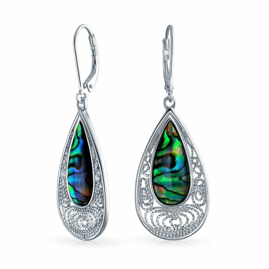 Shop Women Bling Jewelry Dangle Drop Earrings | Filigree Teardrop Lever Back Abalone Shell Earrings Sterling Silver