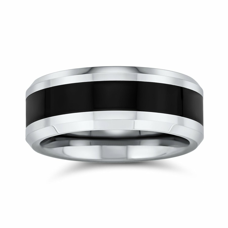 Shop Women Bling Jewelry Wedding Bands | Two Tone Black Couples Wedding Band Titanium Ring Beveled Edge 8Mm Silver