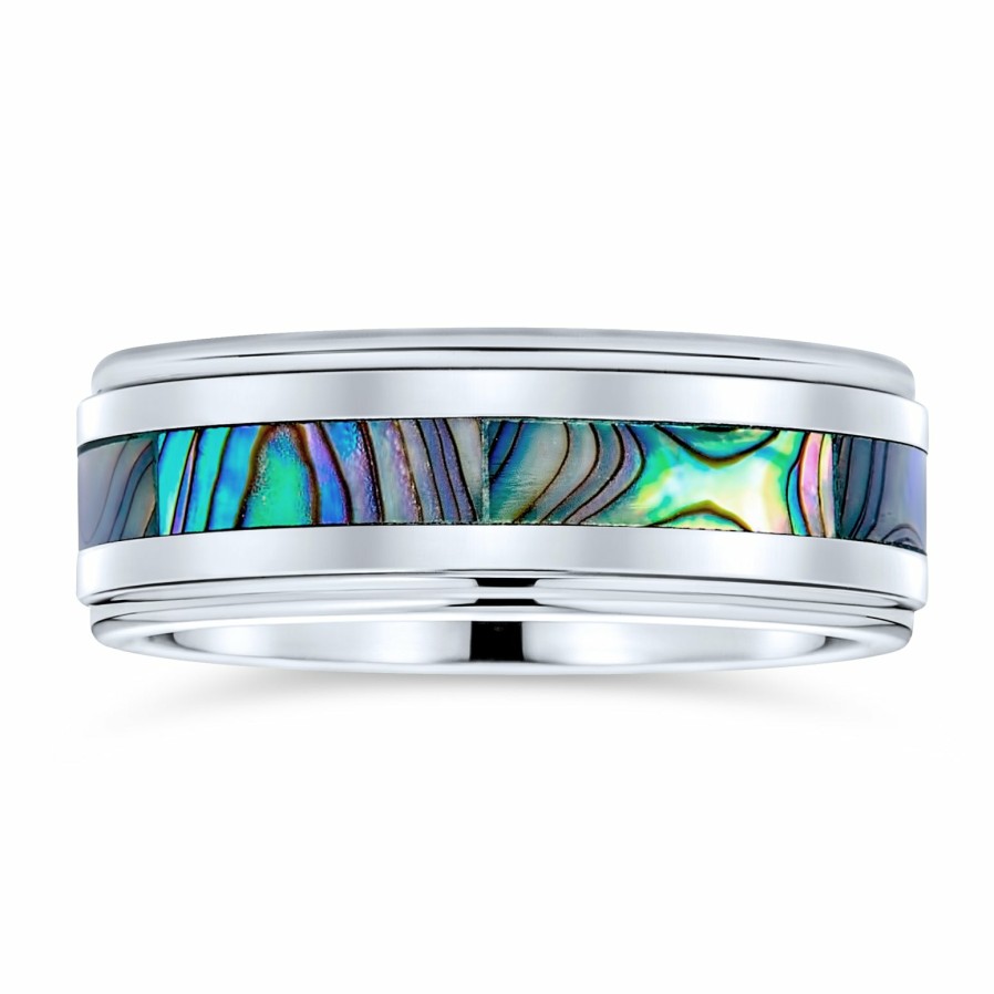 Shop Women Bling Jewelry Engravable Rings | Rainbow Abalone Inlay Couples Wedding Band Titanium Rings For Men 8Mm Silver