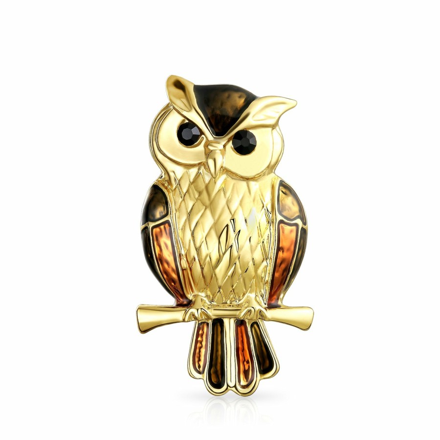 Shop Women Bling Jewelry Pins & Brooches | Fashion Large Owl Wise Brooch Pin Brown Orange Crystal Enamel