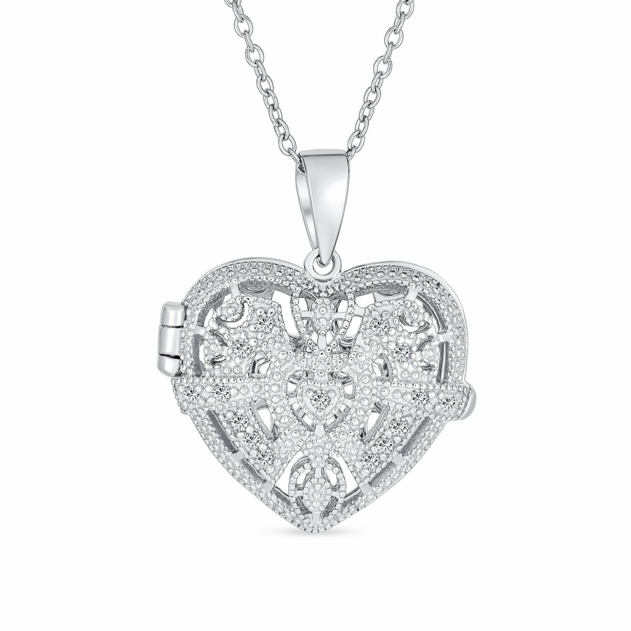 Shop Women Bling Jewelry Lockets | Vintage Victorian Cz Pave Heart Aromatherapy Photo Locket .925 Silver