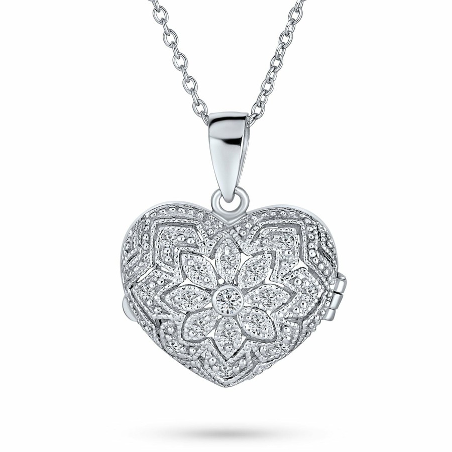 Shop Women Bling Jewelry Lockets | Vintage Victorian Cz Pave Heart Aromatherapy Photo Locket .925 Silver