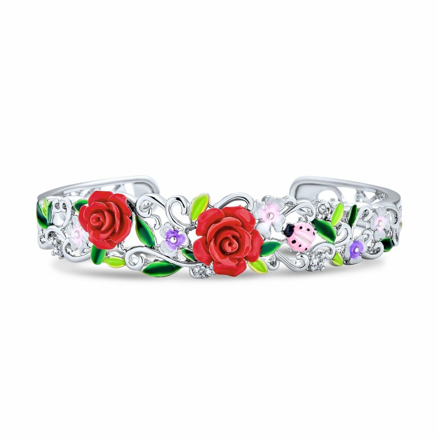 Shop Women Bling Jewelry Cuff Bangle Bracelets | 3D Cz Bow Red Rose Flower Ladybug Cuff Bracelet Stud Earrings Silver