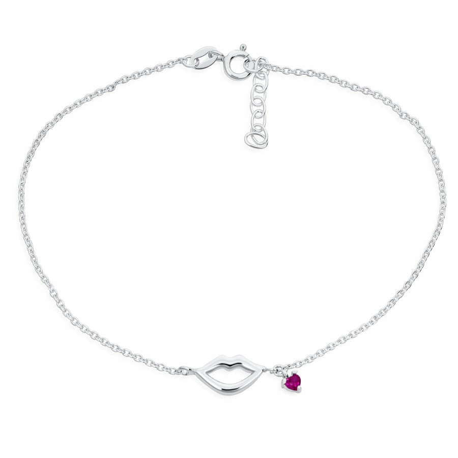 Shop Women Bling Jewelry Ankle Bracelets | Lovers Kiss Lips Red Heart Cz Dangle Anklet Bracelet .925Sterling Silver