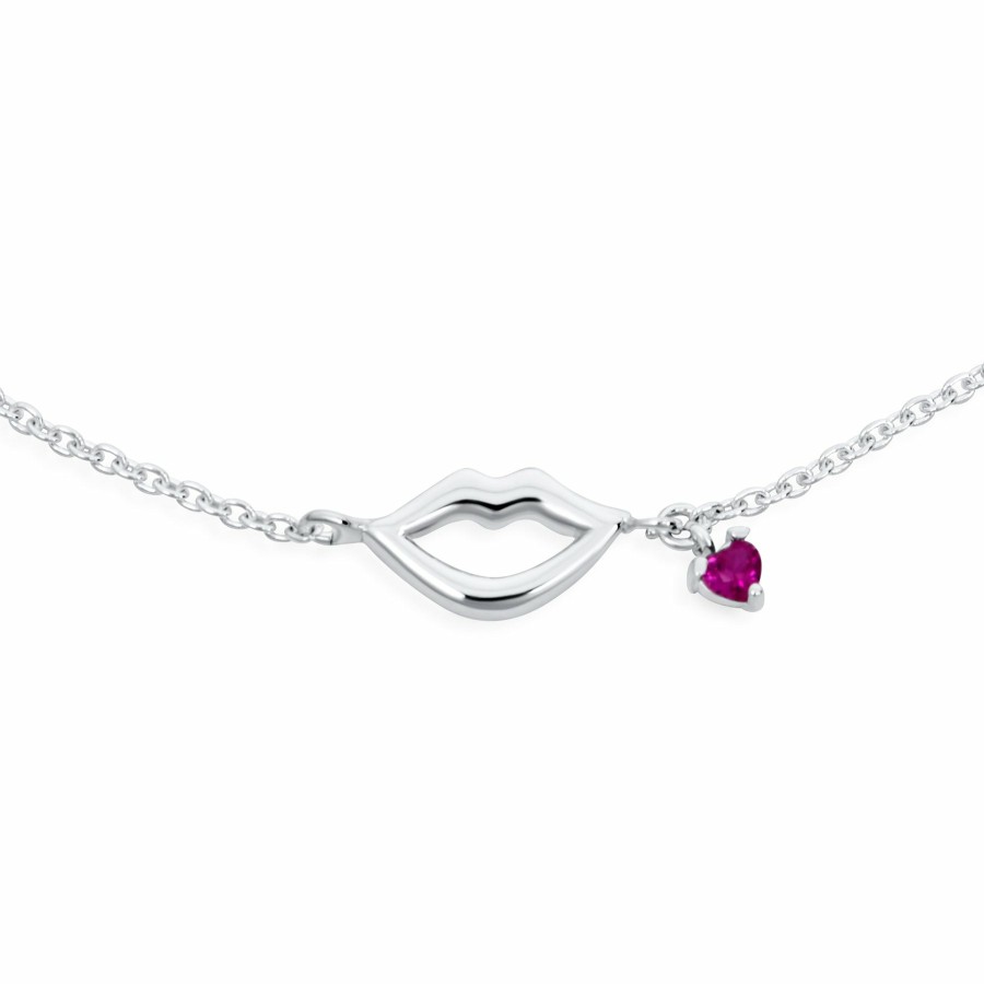 Shop Women Bling Jewelry Ankle Bracelets | Lovers Kiss Lips Red Heart Cz Dangle Anklet Bracelet .925Sterling Silver