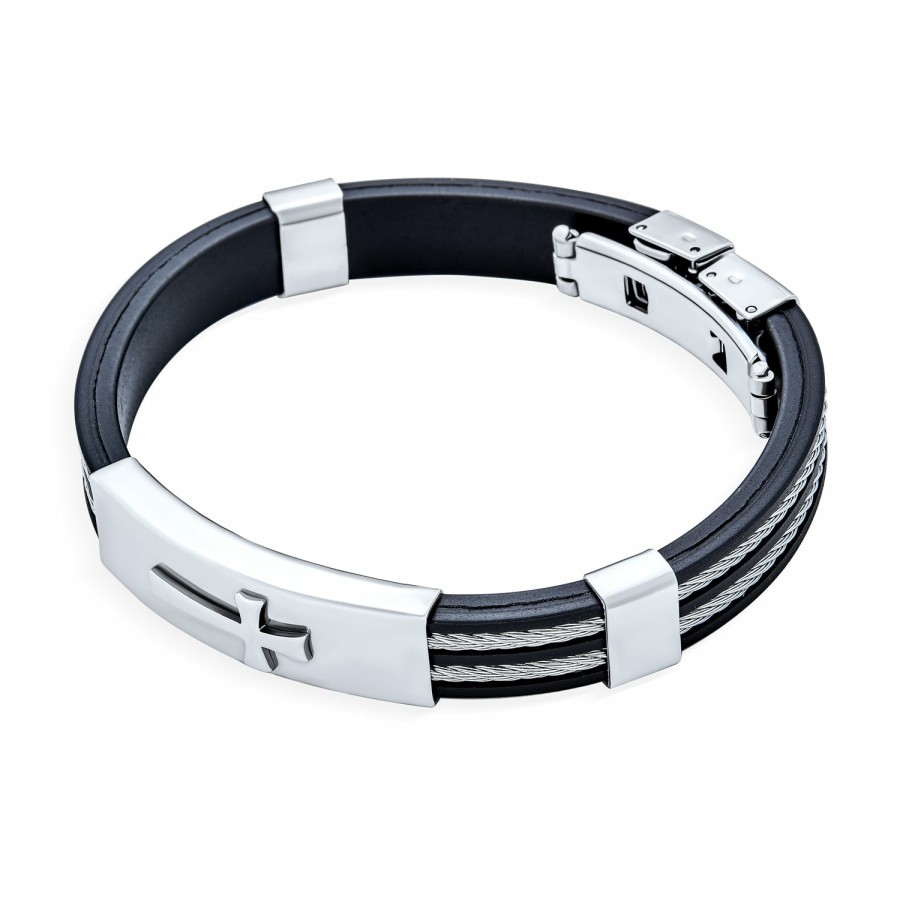 Shop Men Bling Jewelry Mens Bracelets & Id Bracelets | Mens Sideways Cross Diagonal Black Silicone Id Bracelet Stainless Steel