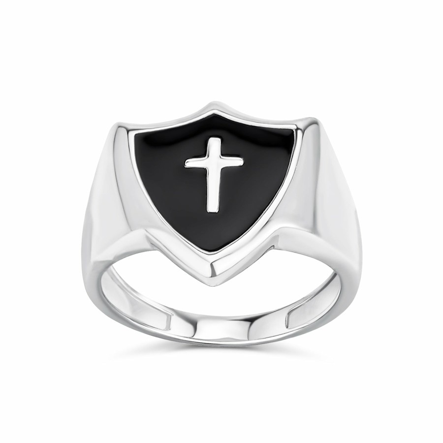 Shop Men Bling Jewelry Mens Rings | Unisex Black Onyx Inlay Religious Christian Shield Cross Signet Band Ring