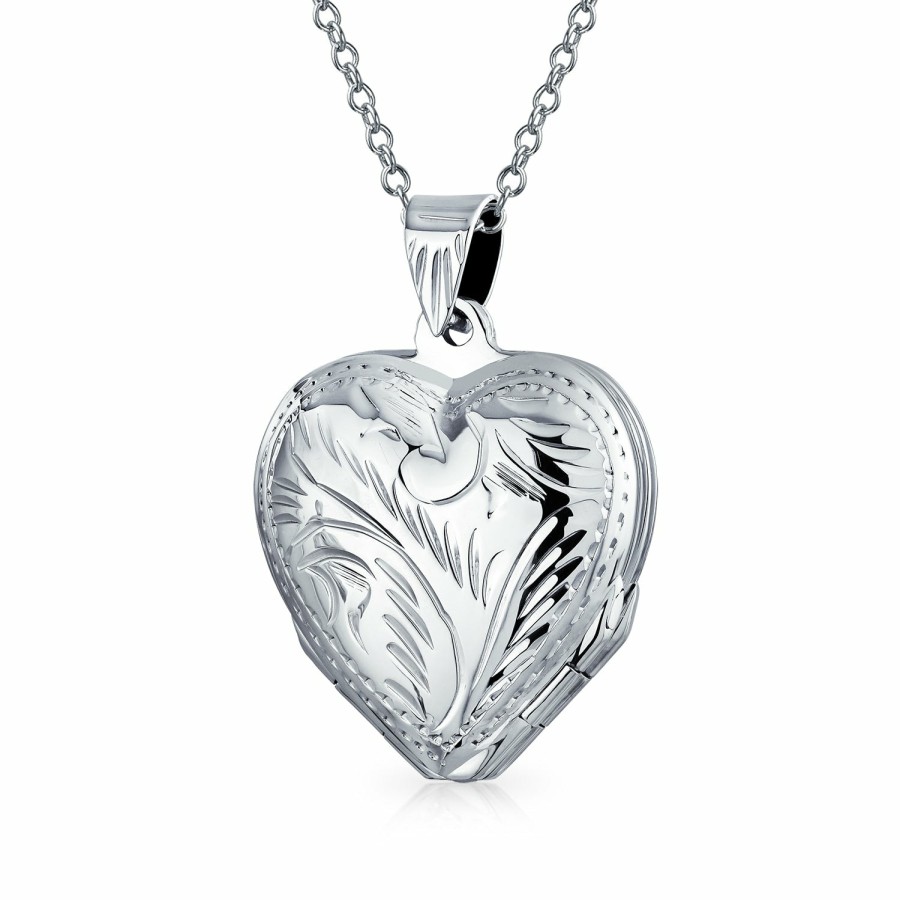 Shop Women Bling Jewelry Pendant Necklaces | Vintage Style Engraved 4 Photo Heart Lockets For Women Picture 1.2 In Silver