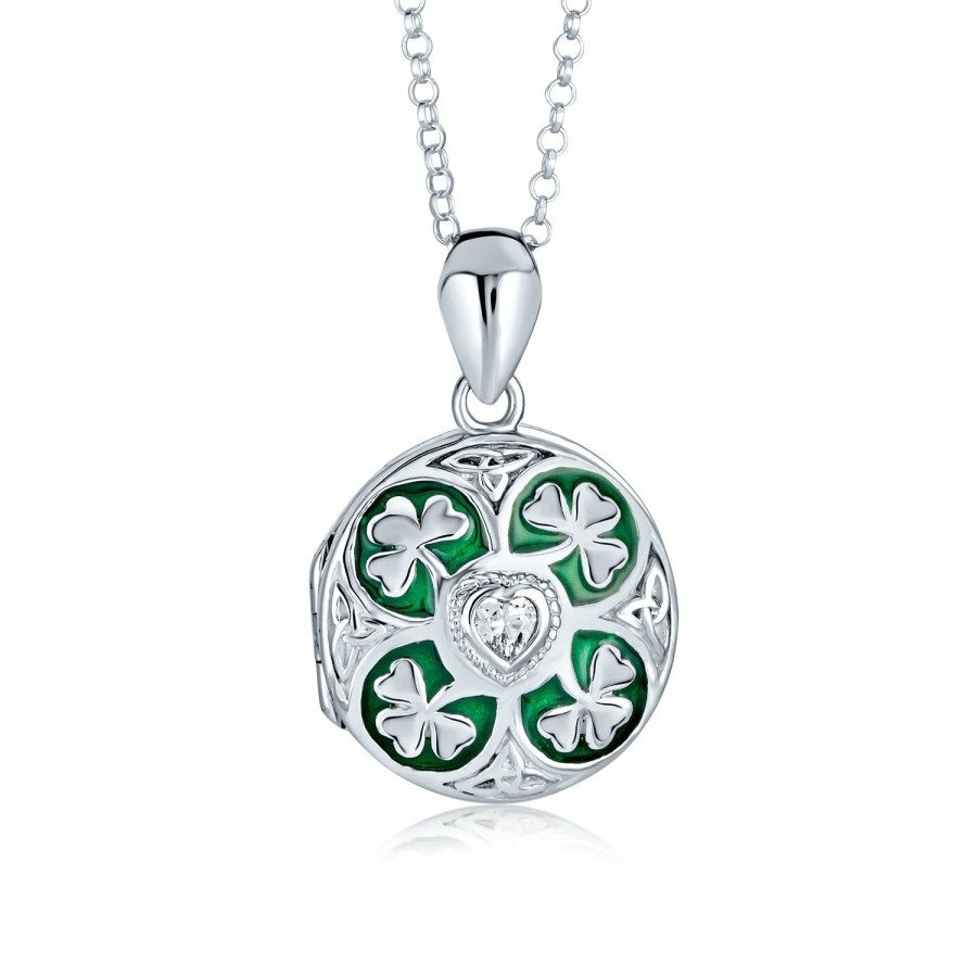 Shop Women Bling Jewelry Lockets | Shamrock Clover Celtic Photo Round Claddagh Locket 925 Sterling Silver