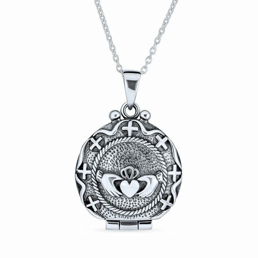 Shop Women Bling Jewelry Lockets | Shamrock Clover Celtic Photo Round Claddagh Locket 925 Sterling Silver