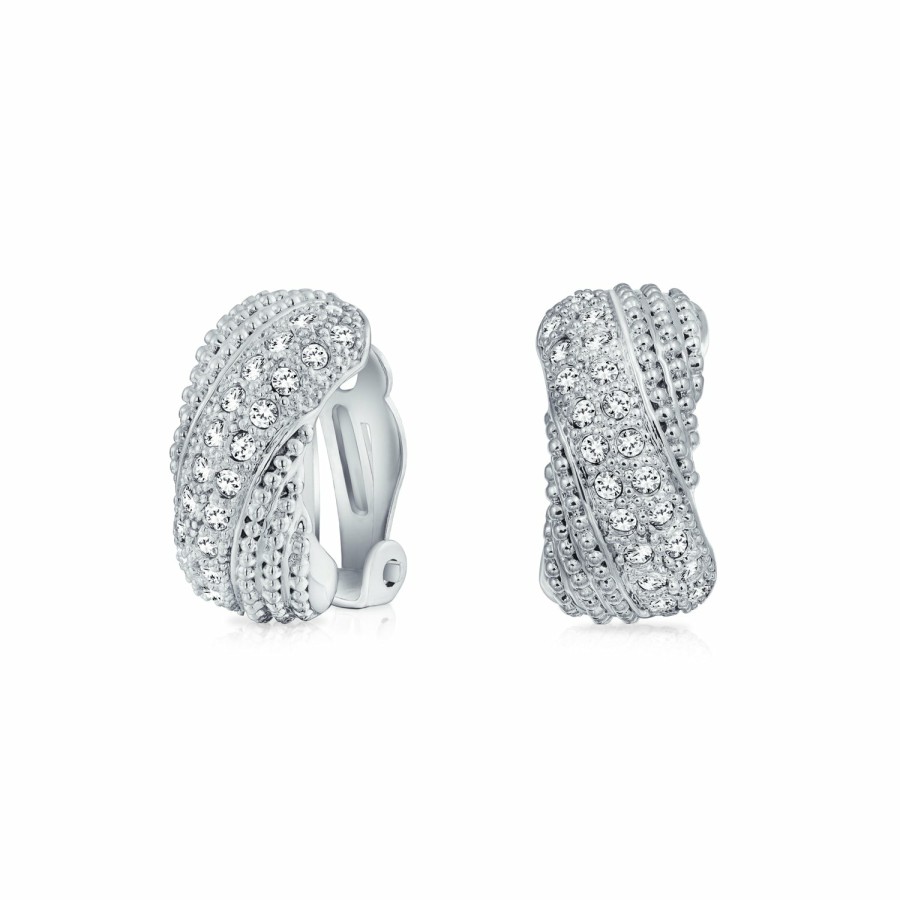 Shop Women Bling Jewelry Clip On Earrings | Criss Cross Twisted Pave Dome Hoop Clip On Earrings Silver Plated