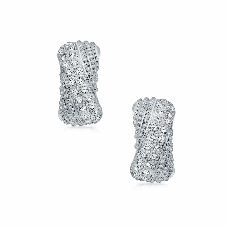 Shop Women Bling Jewelry Clip On Earrings | Criss Cross Twisted Pave Dome Hoop Clip On Earrings Silver Plated