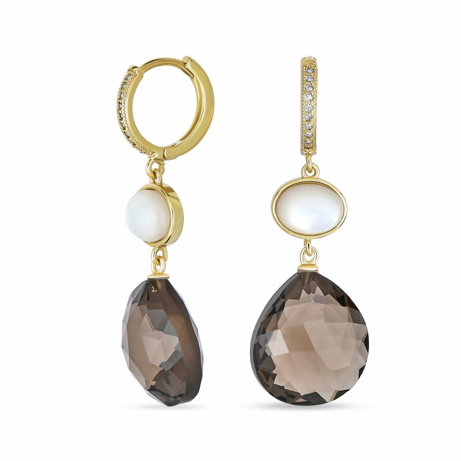 Shop Women Bling Jewelry Dangle Drop Earrings | Briolette Chocolate Brown Smoky Quartz Drop Hoop Earrings Gold Plated