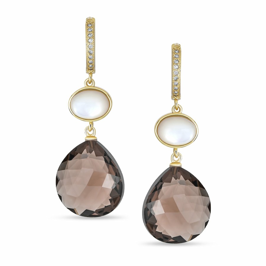 Shop Women Bling Jewelry Dangle Drop Earrings | Briolette Chocolate Brown Smoky Quartz Drop Hoop Earrings Gold Plated