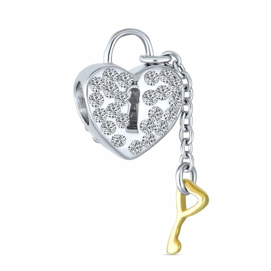 Shop Women Bling Jewelry Mothers Day Charm Beads | Heart Shaped Lock Love Gold Plated Key Charm Bead .925 Sterling