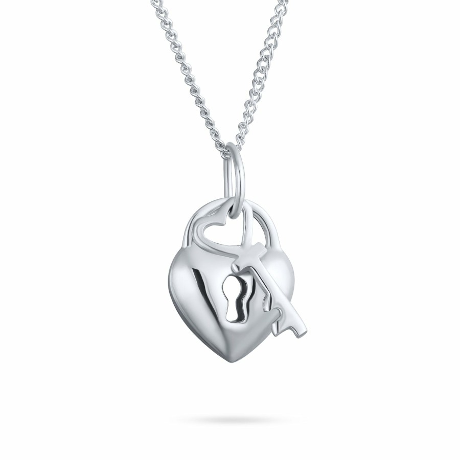 Shop Women Bling Jewelry Engravable Necklaces | Romantic Lock Key Heart Charm Pendant .925Sterling Silver Necklace