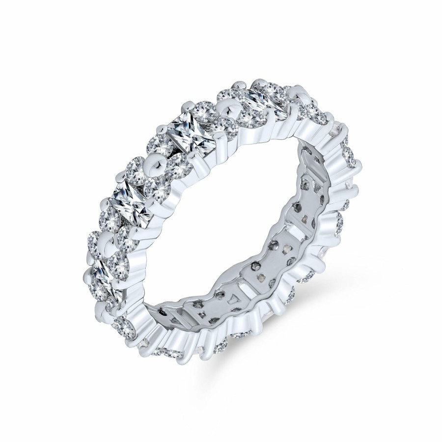 Shop Women Bling Jewelry Stacking Eternity Rings | Aaa Cz Round & Baguette Flower Eternity Wedding Band Ring .925 Silver