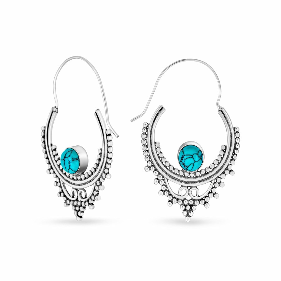 Shop Women Bling Jewelry Hoops Huggies Earrings | Western Style Boho Hoop Earrings Reconstituted Turquoise Silver Plated