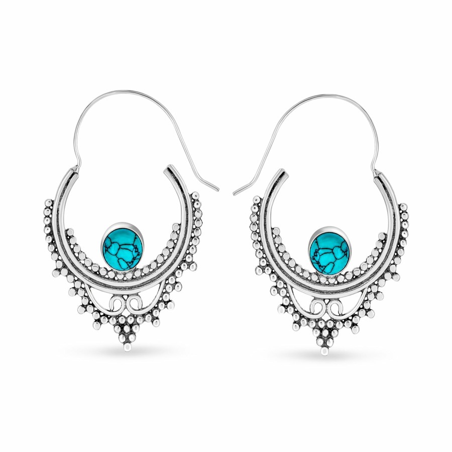 Shop Women Bling Jewelry Hoops Huggies Earrings | Western Style Boho Hoop Earrings Reconstituted Turquoise Silver Plated