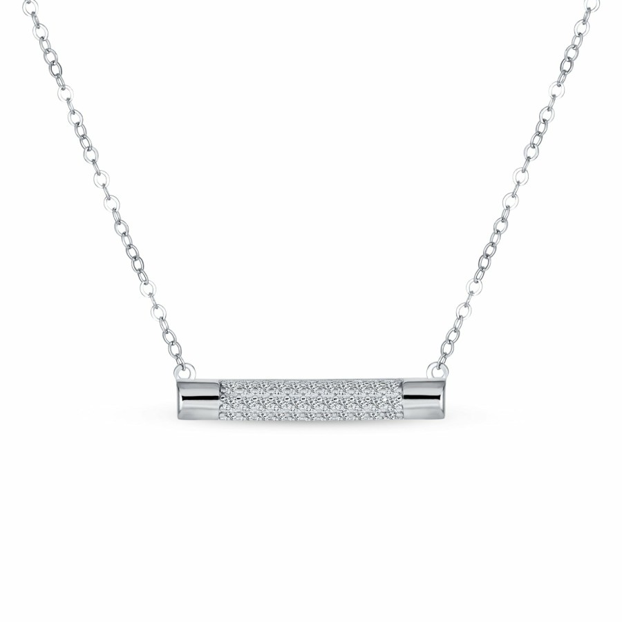 Shop Women Bling Jewelry Pendant Necklaces | Pave Cz Horizontal Rounded Sideway Bar Pendant Necklace Sterling Silver