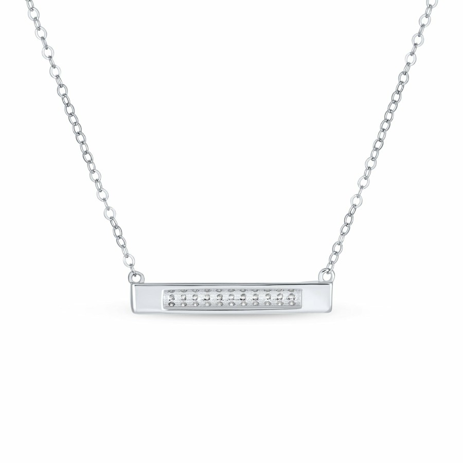 Shop Women Bling Jewelry Pendant Necklaces | Pave Cz Horizontal Rounded Sideway Bar Pendant Necklace Sterling Silver